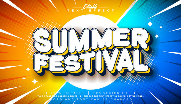 Summer Festival Editable Text Effect Graphic Style with Waving Cartoon Style Typography Lettering on Retro Comic Movie Background. Premium Party Holiday Illustration Template for Banner, Greeting Card