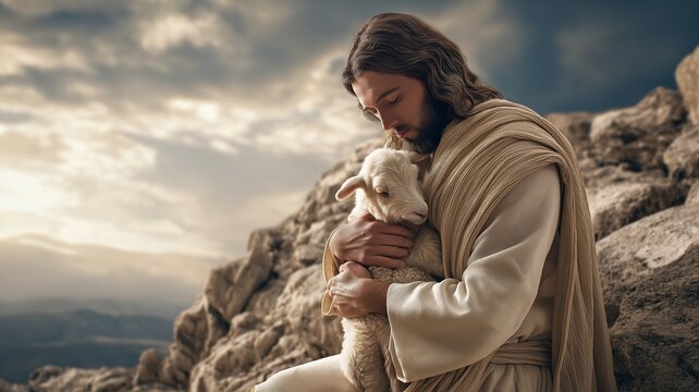 Jesus carrying a lamb gently in the midst of rocky scenery beneath a striking sky.