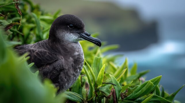 Small dark bird perched in green foliage.