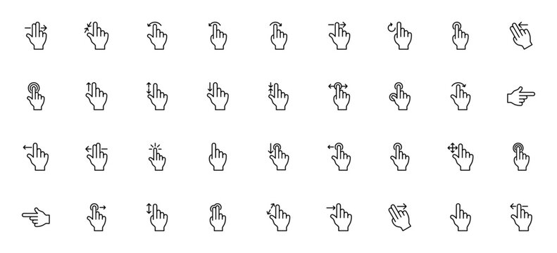 Multitouch gesture icon set. Minimal vector icons pack. Includes symbols for swipe, zoom, tap, rotate, touch, drag, shoot, hand pointer, scrolling, two fingers and more. Editable line style.