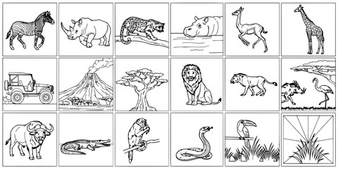Obraz premium Animals and Nature Scenes in Black and White Line Drawings Featuring Zebra, Rhino, Hippo with Giraffe and Lion Elements for Cheetah, Flamingo