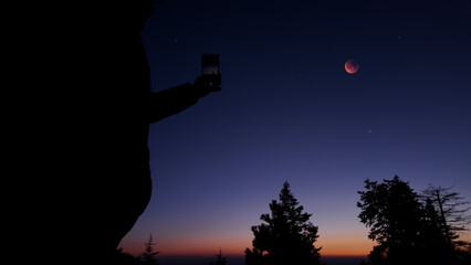 Fototapeta premium Amateur astronomer with smartphone photographing and observing stars, planets, Moon and other celestial objects.