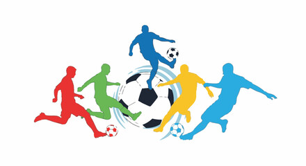 Obraz premium Vector illustration featuring five multicolored soccer player silhouettes in action poses including kicking and running, arranged around a large central football on a plain white background.