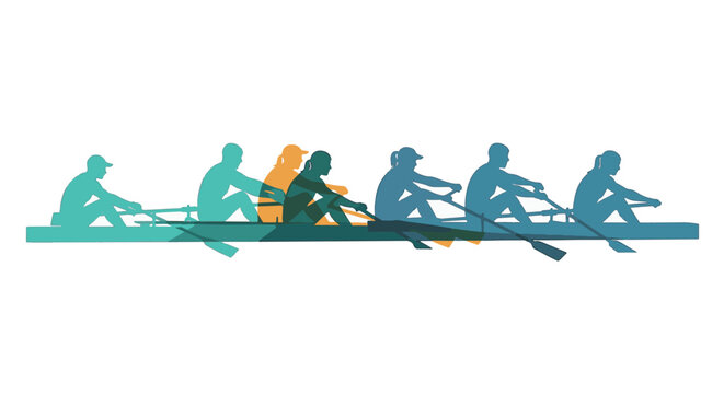 Colorful overlapping silhouettes of male and female rowers in a long scull boat. Modern vector illustration depicting a competitive rowing team in action on a plain white background.