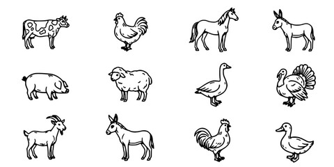 Fototapeta premium Animals Including Cows, Chickens, Horses, Donkeys, Pigs, Sheep, Geese, Turkeys, Goats, and Ducks in a Line Art Style