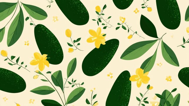 Repeating pattern featuring dark green oblong shapes interspersed with bright yellow flowers and green foliage on a pale background
