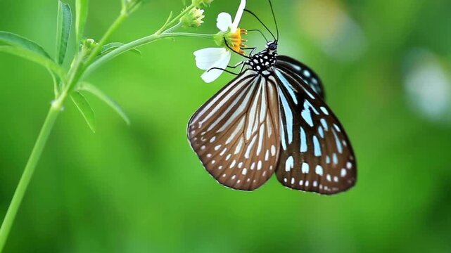 Closeup of a beautiful blue glassy tiger butterfly perched on a small white flower in a garden