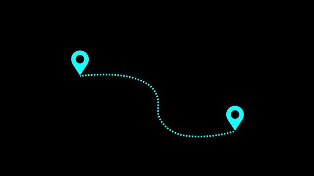 Two location pins connected by a dashed line animated on black background. animation
