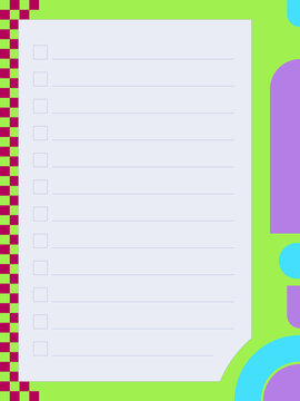 Retro square checkbox to do list colorful planner page template. Ruled lines for managing daily activities. Printable worksheet. Memphis-inspired blank paper sheet in a4. Editable vertical layout
