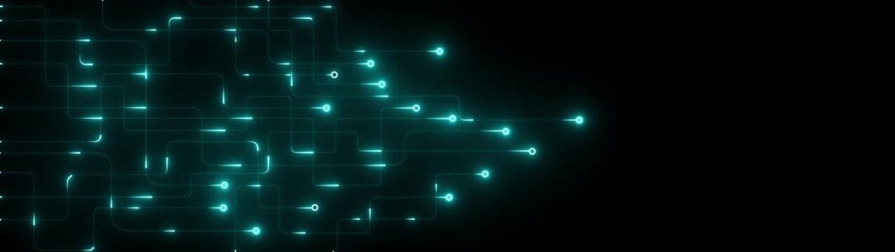 Futuristic Neon Cyan Technology Network black Background with Glowing Digital Connections, AI Data Flow and Abstract Tech Animation