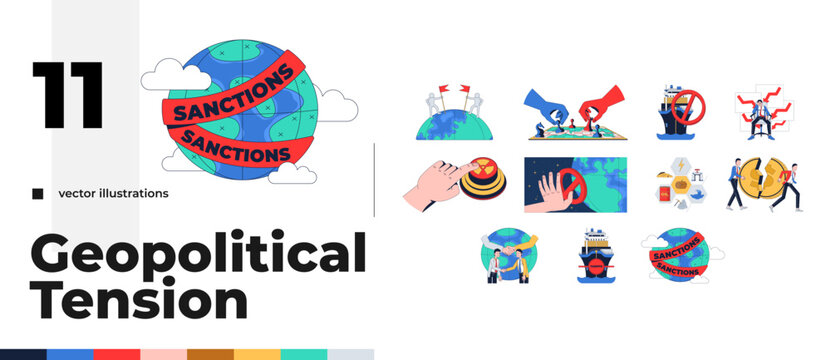 Geopolitical tension, sanctions and global conflict 2D illustration concept set. Trade restriction. International relations cartoon ideas isolated on white. Flat abstract vector metaphor collection
