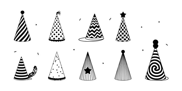 Party Hats with Various Patterns and Designs in Black and White Featuring Zigzag, Polka Dots, Stripes with Swirls and Stars Elements for Celebration