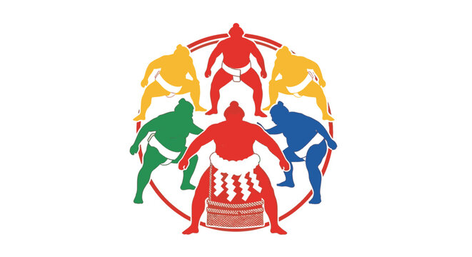 Colorful silhouettes of Japanese sumo wrestlers in traditional stances arranged in a circular pattern on a white background, featuring red, green, blue, and yellow rikishi figures.