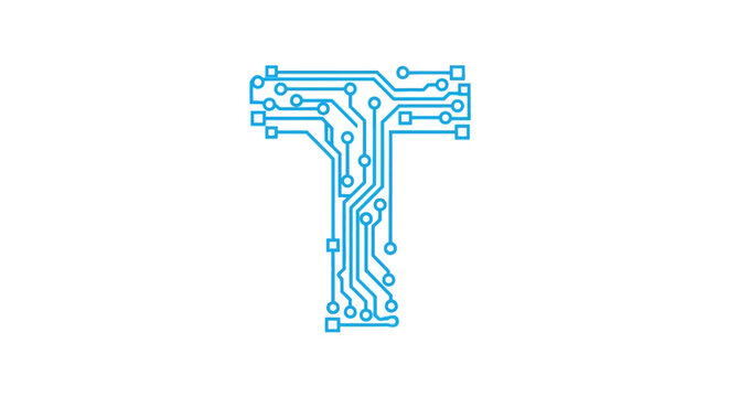 Digital circuit design of the letter T in a blue and white visual identity