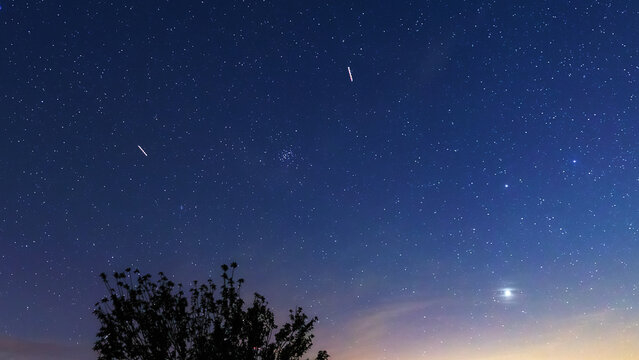 Planet conjunction, Milky Way stars and landscape scenery silhouettes.