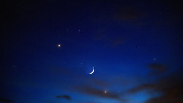 Crescent Moon, planet conjunction and stars.