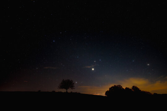 Planet conjunction, Milky Way stars and landscape scenery silhouettes.