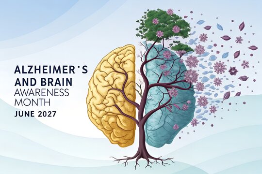 Human brain illustration split into two contrasting halves featuring a blooming tree merging with disintegrating petals to represent memory loss and neurological awareness during the month of June for