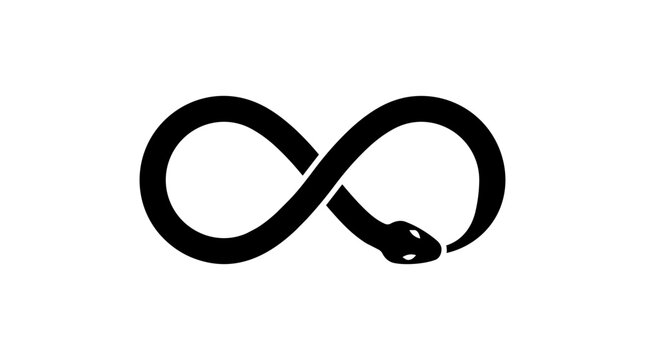Black infinity symbol, snake shaped, minimalist icon, vector graphic