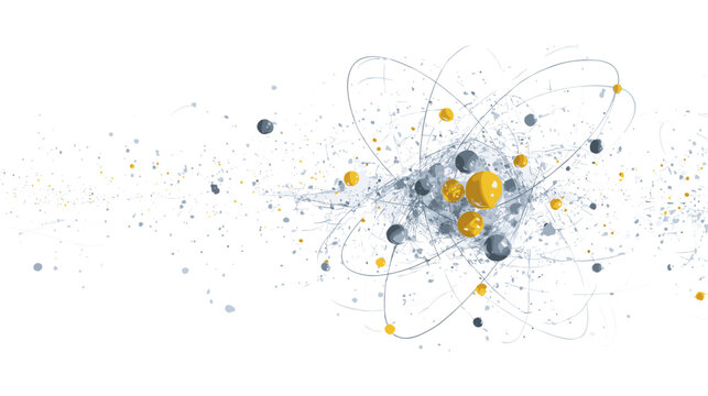 Abstract atom model with orbiting electrons and particles on white background science concept