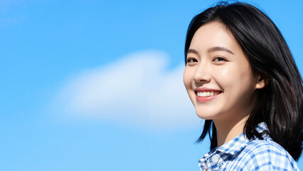 Fototapeta premium Radiant Smile Under Blue Sky: A young woman with a bright, genuine smile looks towards the sun, her face illuminated against a backdrop of a clear blue sky and a wispy cloud.