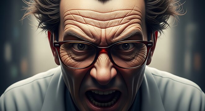Angry mad scientist wearing glasses screaming and looking at camera