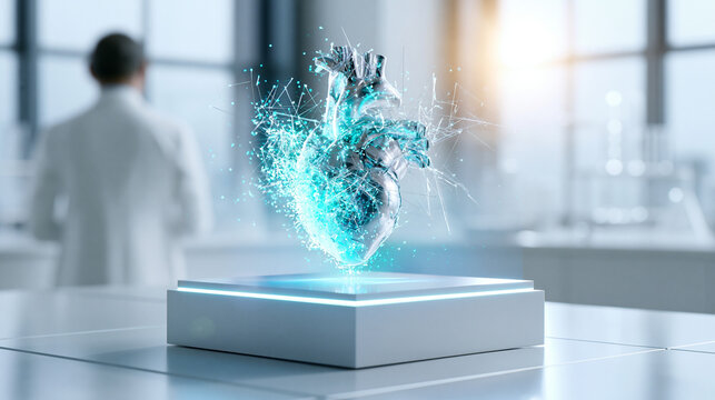 Metallic human heart model with exploding glowing data particles on smart platform in laboratory