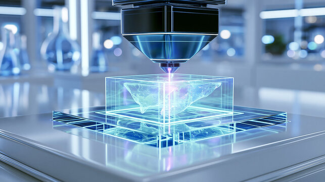 Futuristic 3D printer creating organic tissue structure using ultraviolet laser in clean lab