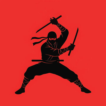 Japanese Ninja Silhouette in Dynamic Fighting Stance with Dual Katana Swords on Solid Red Background, Traditional Shinobi Martial Arts Warrior Vector Illustration for Design