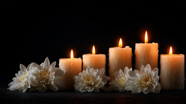 White candles and delicate chrysanthemums glow with warm amber light against a black backdrop. Cinematic shallow focus creates a reverent mood, ideal for memorial posters, funeral services, and...