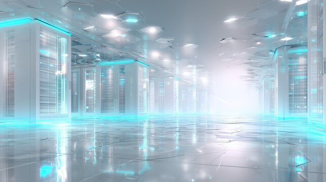 High tech server room corridor with cyan neon floor lights in modern data center