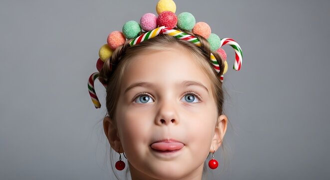 Cute little girl wearing a festive candy cane and pom-pom headband