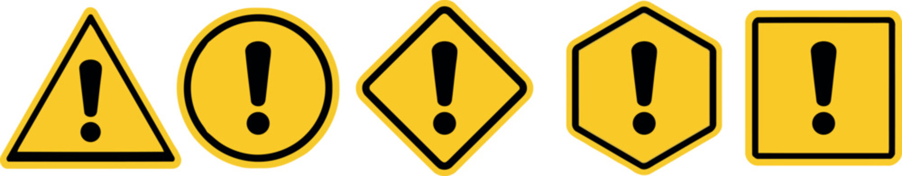 Set of yellow warning signs with black exclamation mark symbols in many shapes