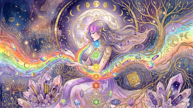Chakra Healing Goddess with Rainbow Energy Flow and Sacred Geometry Watercolor Art