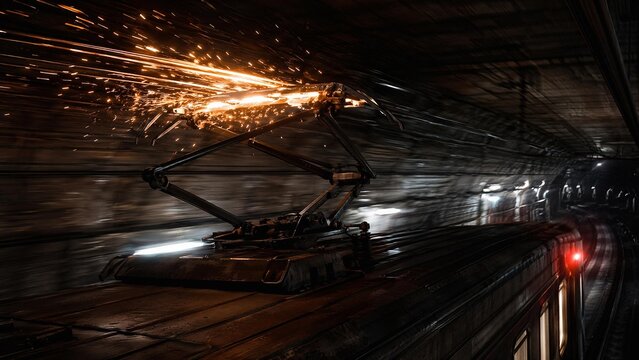 Train's pantograph sliding against wires in dark tunnel with motion blur and sparks. mobility guides, transit brochures, designed for transport & logistics marketing.