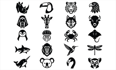 Collection of twenty stylized animal icons featuring diverse creatures from various ecosystems and habitats © Biplob