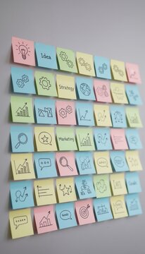 Sticky Notes with Business Ideas and Strategy: A wall covered with colorful sticky notes, each adorned with simple icons representing business concepts like ideas, strategy, marketing, and goals.