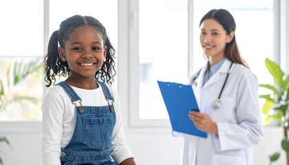 Obraz premium Smiling young girl with female doctor in bright clinic.