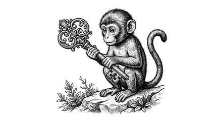 Curious baby monkey sitting on a ledge with a decorative vintage key © Crit