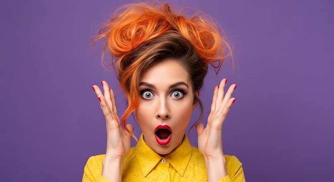 Shocked woman with orange hair against purple background, hands on cheeks