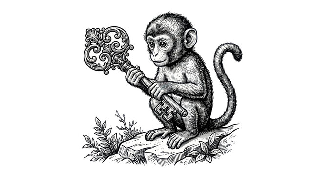 Curious baby monkey sitting on a ledge with a decorative vintage key