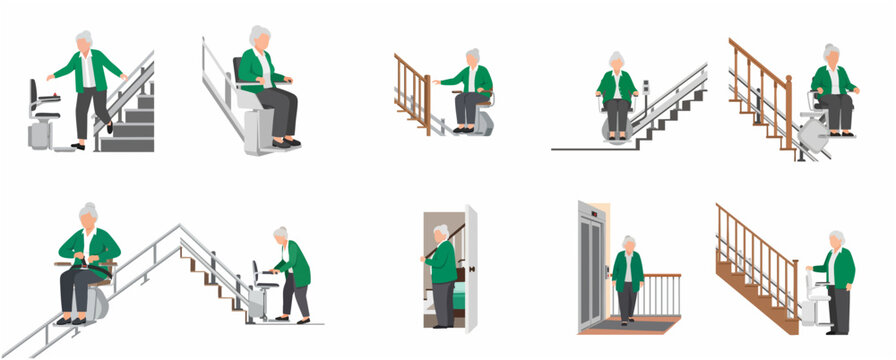 Elderly Woman Using Stairlift and Elevator for Home Accessibility Vector Illustration