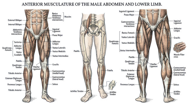 Anterior musculature of the male abdomen and lower limb diagram