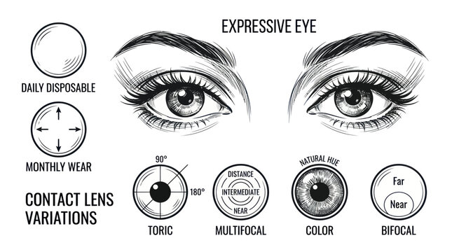Expressive human eyes with contact lens variations and optical types