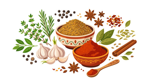 Variety of aromatic kitchen spices and herbs for cooking