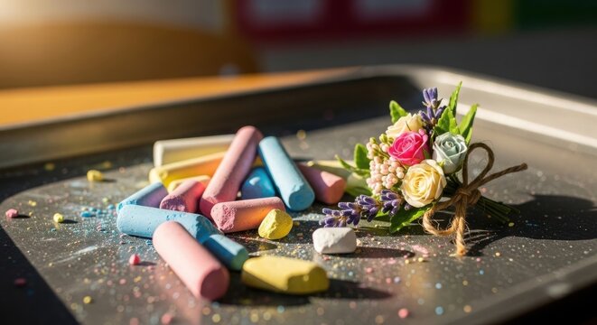 A small decorative bouquet of artificial flowers with colorful chalk sticks on a dark metal tray, capturing a creative and artistic atmosphere