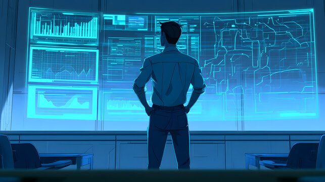 Electric blue conceptual education AI classroom stock illustration of a teacher facing a floating dashboard of student progress charts and personalized learning paths with glowing cyan holograms
