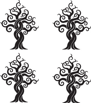 Stylized black ornate tree with swirling branches and twisted trunk, isolated on white background, repeated four times in a grid