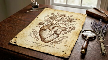 Fototapeta premium Anatomical Heart With Floral Design on Vintage Parchment for Decor