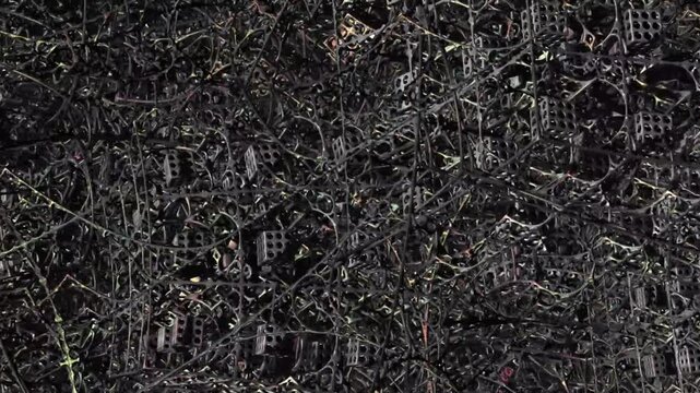Abstract industrial background of tangled black plastic mesh, wires, and crates